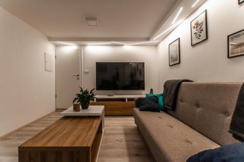 a living room with a couch and a flat screen tv at Cozy Little Apartments in Ig