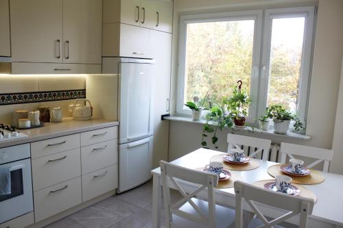 a kitchen with a table and chairs in a kitchen at Apartament Bonito in Radom