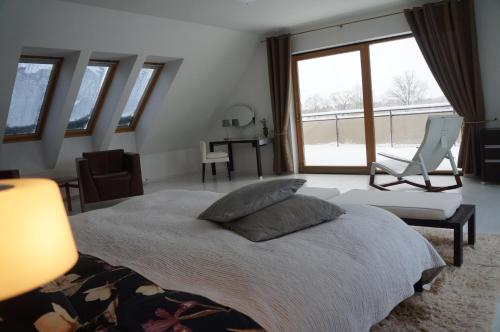 ein Schlafzimmer mit einem Bett, einem Stuhl und einem Fenster in der Unterkunft Jaunkrastmaļi in Kandava