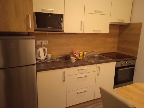 a kitchen with white cabinets and a stainless steel refrigerator at soukromý apartmán Všemina in Slušovice