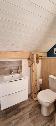 a bathroom with a white toilet and a sink at Mont Bivouac, chambre,entrée et Sdb privée,balcon vue MtBlanc in Passy