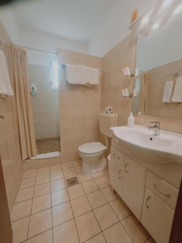 a bathroom with a toilet and a sink at Hotel Panorama in Mosonmagyaróvár