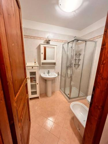 ein Bad mit einer Dusche und einem Waschbecken in der Unterkunft Stella Alpina in Tarvis