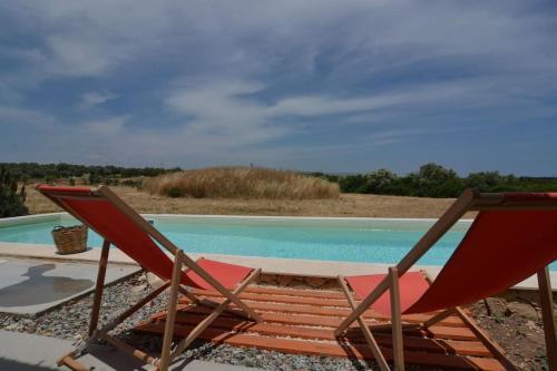 a pair of chairs sitting next to a swimming pool at Villa Vendicari in Casa Maccari