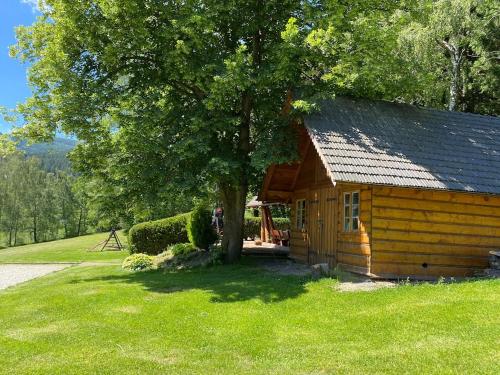 a small wooden cabin with a tree in the grass at Tyrolska Chata in Świeradów-Zdrój