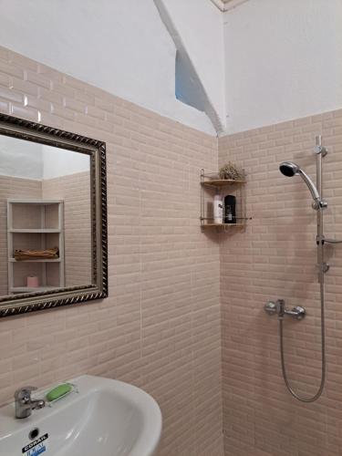 a bathroom with a sink and a shower with a mirror at STUDIOS BAMBO-EST Sunrise in Bandrélé