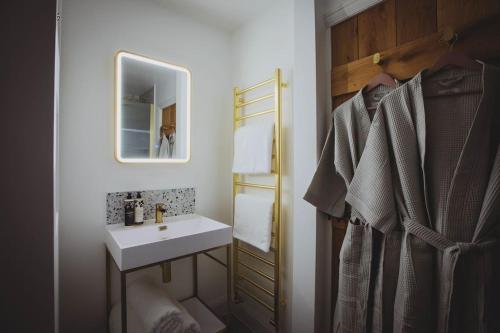uma casa de banho com um lavatório e um espelho em River Cottage, a luxurious and cosy riverside cottage for two em Welshpool