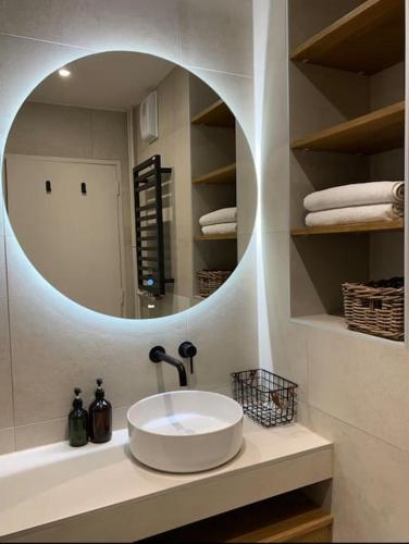 a bathroom with a white sink and a mirror at Appartement Oslo - Strasbourg in Strasbourg