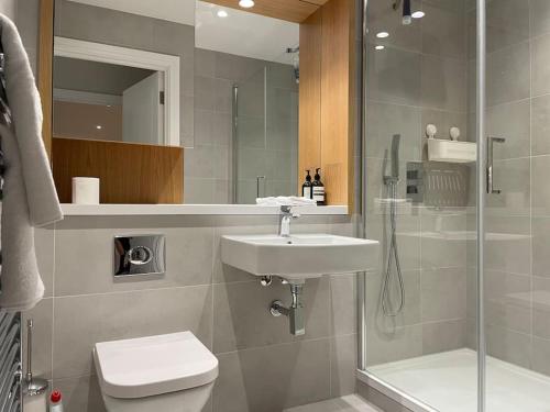 a bathroom with a toilet and a sink and a shower at Thats The Pad - 2 Bedroom pied-a-terre apartment in Wimbledon in London