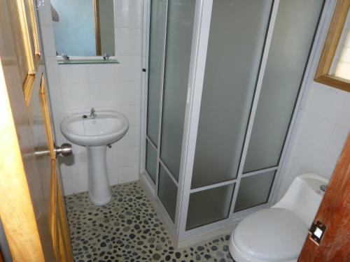 AgpudlosにあるBlue Seastar Cottagesのバスルーム(シャワー、洗面台、トイレ付)