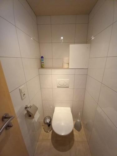 a bathroom with a white toilet in a stall at Ferienwohnung an der Alfenz in Dalaas