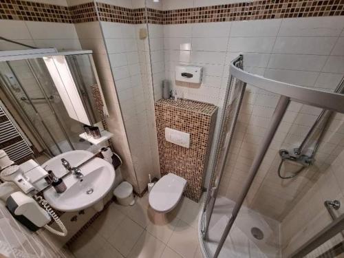 a bathroom with a sink and a toilet and a shower at Apartman Olimpia 207-unutar kompleksa Aparthotel Vučko Jahorina, privatni apartman in Jahorina