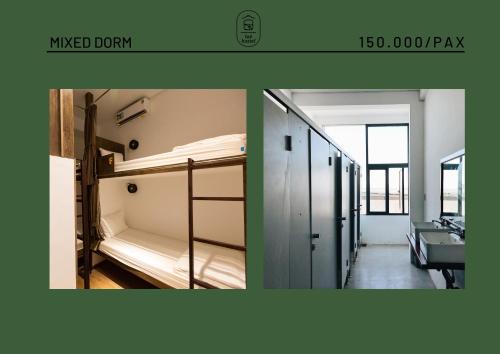two pictures of a dorm room with bunk beds at Laé Hostel in Tuy Hoa