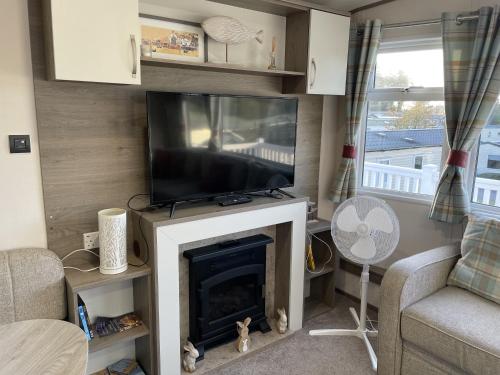 a living room with a tv and a fireplace at Rockley Park Private Holiday Homes in Poole