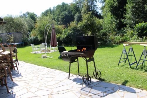 a bbq grill with a fire in a yard at Urlaubspension Die Mühle in Schöllnach