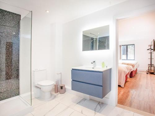 a bathroom with a toilet and a sink and a shower at Primrose-uk34614 in Nether Stowey