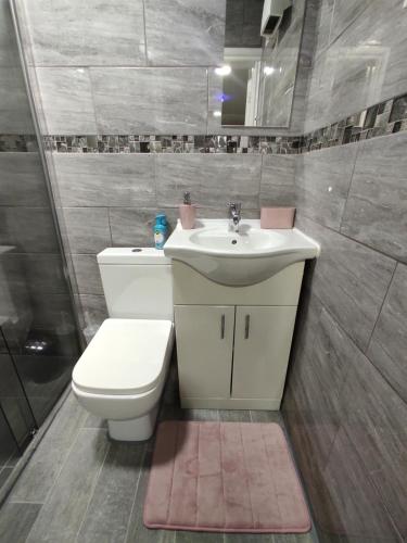 a bathroom with a toilet and a sink at Private bedroom near NEC, Birmingham airport,city centre in Birmingham
