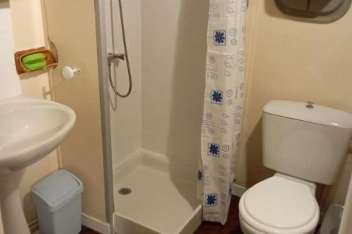 une petite salle de bain avec toilettes et lavabo dans l'établissement Maison atypique du Cantal proche Lot et Corrèze, à Siran