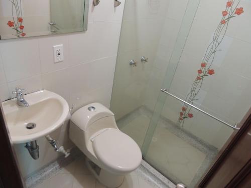 y baño con ducha, aseo y lavamanos. en Hotel Real en Ocaña