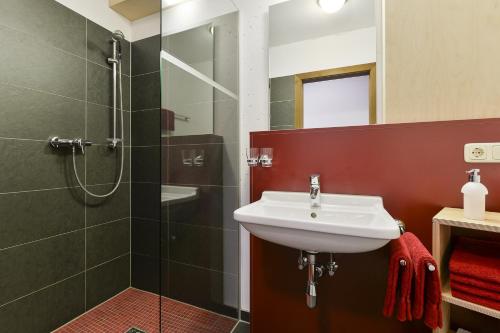 a bathroom with a sink and a shower at Haus Anna Apartments in Langen am Arlberg