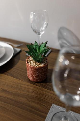 a small potted plant sitting on a table with wine glasses at City Centre Studio 1 with Kitchenette, Free Wifi and Smart TV with Netflix by Yoko Property in Middlesbrough