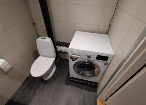 a small bathroom with a toilet and a washing machine at Louisiana Rent in Espergærde