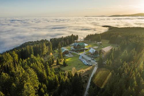 an aerial view of a house in the middle of a forest with clouds at Horský hotel Paprsek in Staré Město