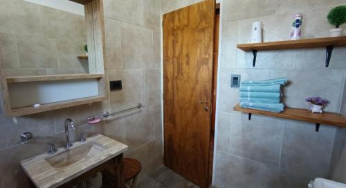 a bathroom with a shower with a sink and a mirror at LA QUINTA DE LOLI in San Pedro