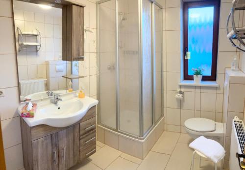 ein Bad mit einem Waschbecken, einer Dusche und einem WC in der Unterkunft Pension Sonja Müller in Nohra