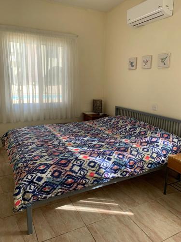 een slaapkamer met een groot bed en een kleurrijke quilt bij Appartement Limnos Gardens in Paphos City