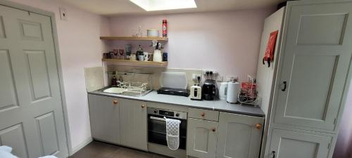 una pequeña cocina con fogones y nevera. en Cosy self-contained studio flat in Bristol en Bristol