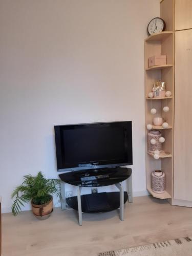 telewizor z płaskim ekranem siedzący na stojaku w salonie w obiekcie Mieszkanie na mazurach 2 w mieście Kętrzyn