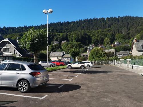a parking lot with several cars parked in it at Appartement RDC à cœur du Mont Dore in Le Mont-Dore