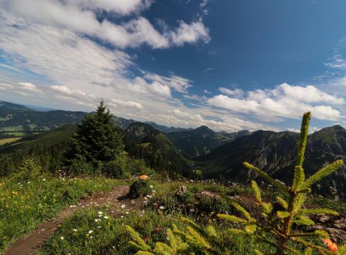 a person sitting on a hill with a view of mountains at Moderne, 1-Zimmer Ferienwohnung mit Bergblick in Oy-Mittelberg