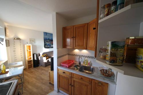 - une cuisine avec des placards en bois et un évier dans l'établissement La cour des rois, à Strasbourg