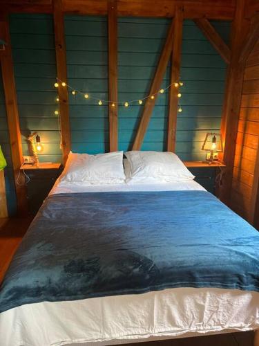 a large bed in a room with lights on it at La kaz à pépés, charmant logement avec piscine in Lamentin