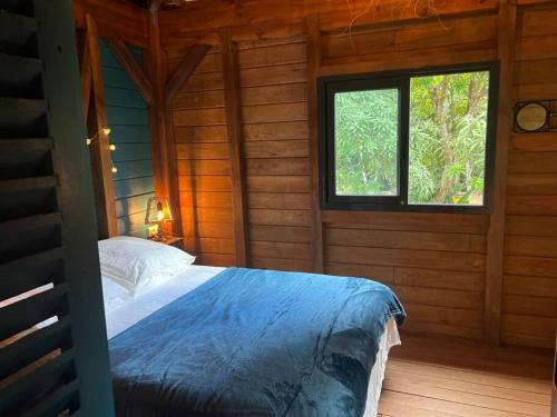 een slaapkamer met een bed in een blokhut bij La kaz à pépés, charmant logement avec piscine in Lamentin
