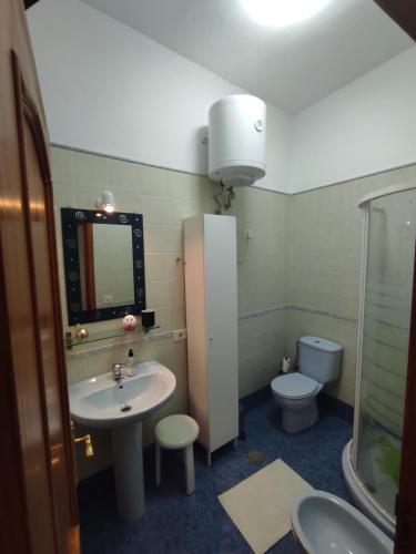a bathroom with a sink and a toilet and a mirror at Playa Celeste Tajao in La Mareta