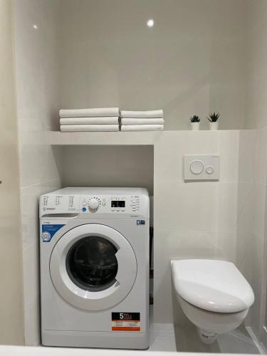 ein Badezimmer mit einer Waschmaschine und einem WC in der Unterkunft Cozy Appartement Halles Strasbourg in Straßburg