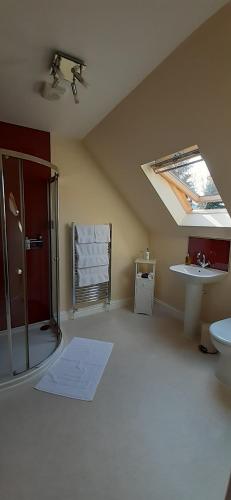 e bagno con doccia, servizi igienici e lavandino. di Beechwood Cottage B&B a Glencoe