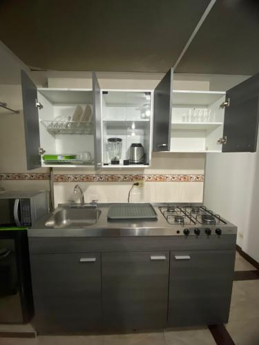 een kleine keuken met een wastafel en een fornuis bij Acogedor y céntrico aparta estudio cerca del aeropuerto in Bogota