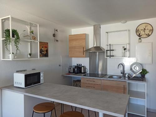 une cuisine avec un comptoir avec un micro-ondes dans l'établissement Faubourg de la Cueille - Aux portes du Futuroscope, à Poitiers