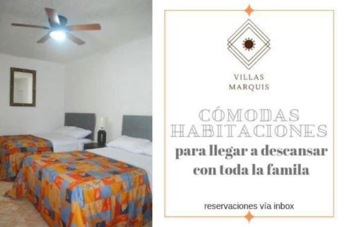 a poster for a hotel room with two beds and a ceiling fan at VILLAS MARQUIS in Ciudad Valles