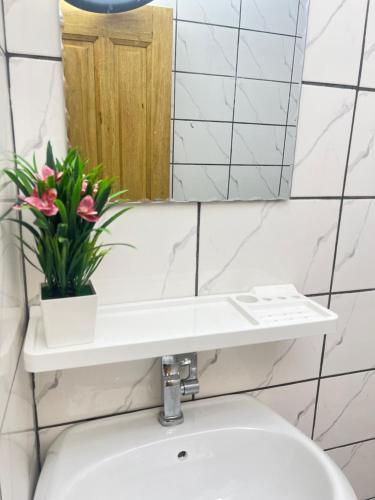 een badkamer met een toilet met een spiegel en een plant bij Studio meublé Cosy in Douala