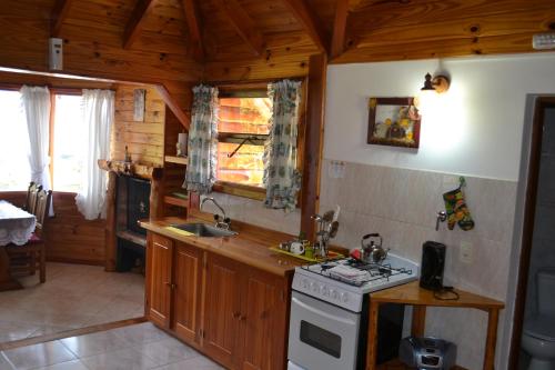 a kitchen with wooden cabinets and a stove top oven at Cabañas Akermann in Villa La Angostura