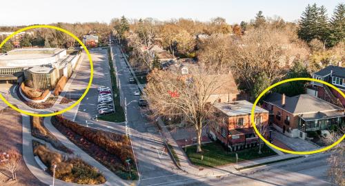 an aerial view of a street with yellow circles at Henry House - Patio Suite - An Arrivals Stay in Stratford