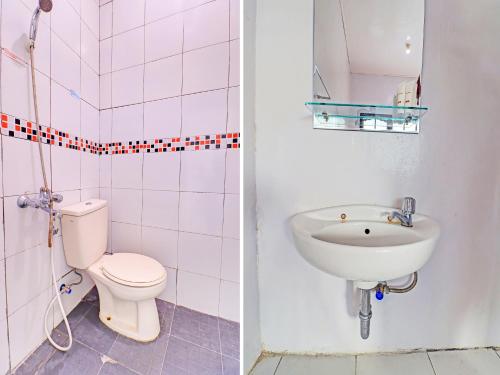 2 fotos de un baño con aseo y lavabo en SUPER OYO 1356 Gusti Residence en Dalung