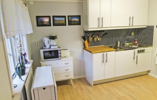 a kitchen with white cabinets and a microwave at Awesome Home In Frjestaden With 1 Bedrooms And Wifi in Färjestaden