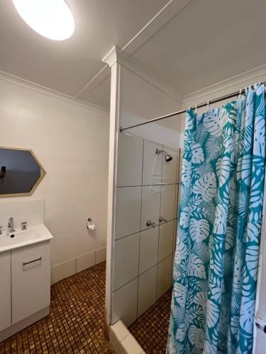 uma casa de banho com um chuveiro e um lavatório. em Childers Budget Accommodation em Childers