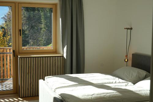 a bedroom with a bed in front of a window at Villa Vitis in Rifiano